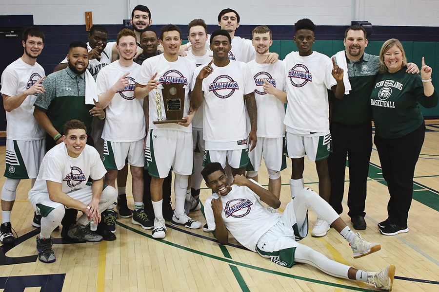 Photo of the men's basketball team after winning the 2017-18 WPCC Championship